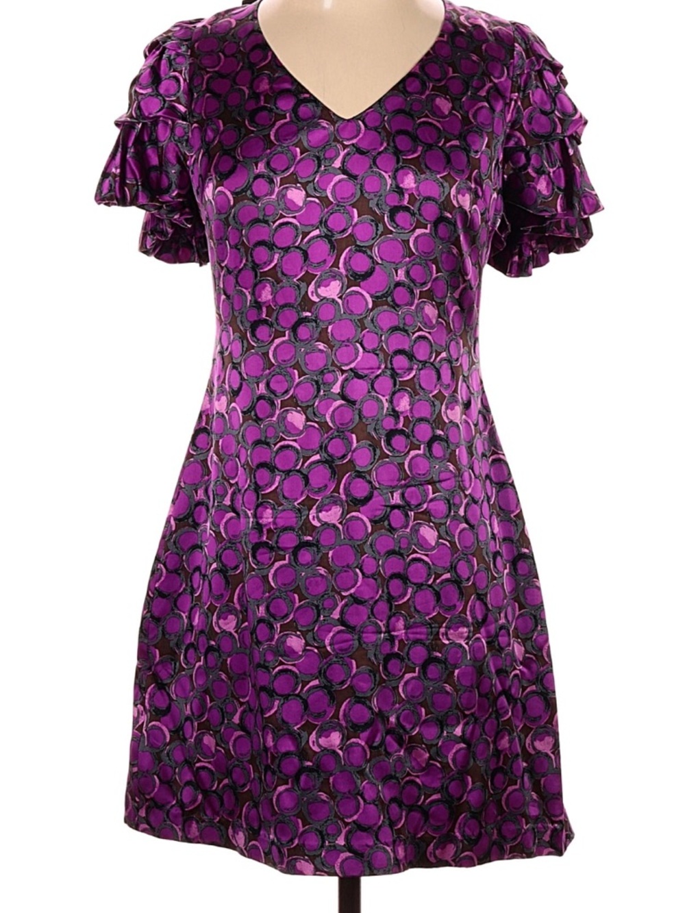 Tracy Reese Purple Circle-Pattern V-Neck Ruffle Sleeve Mini Dress